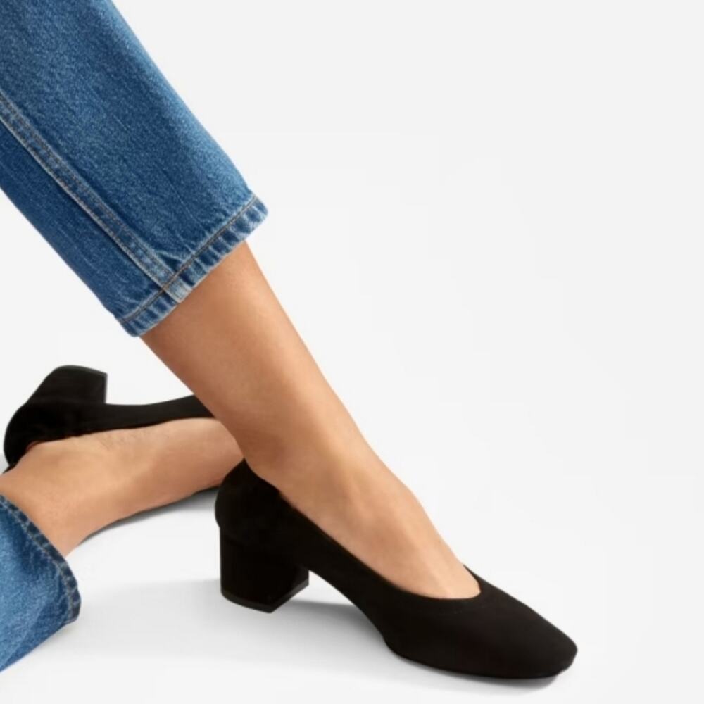 Everlane The Day Block Heel 8.5 Black Suede Leather Round Toe Pump Comfort New - Picture 3 of 12